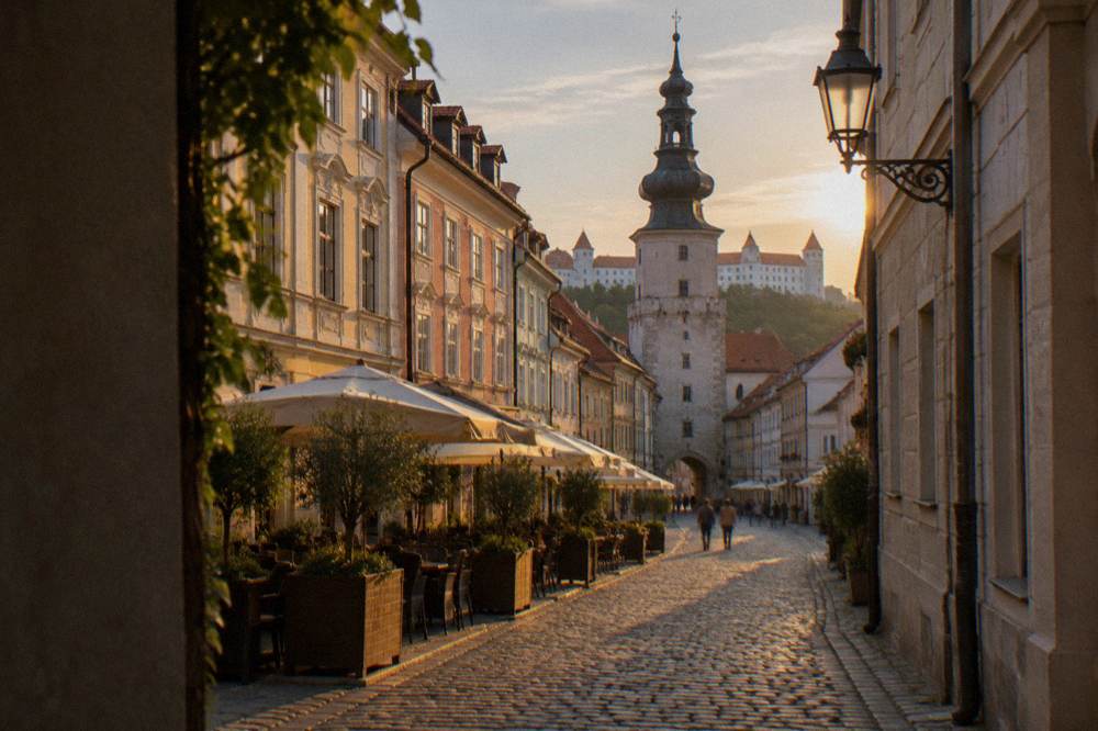 A stone gate tower above a cobblestone street in the old town