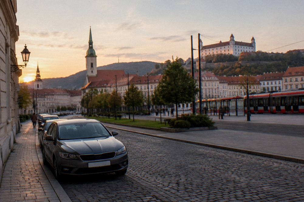 A parked car on a cobbled street with the towers of the old town behind it at dusk
