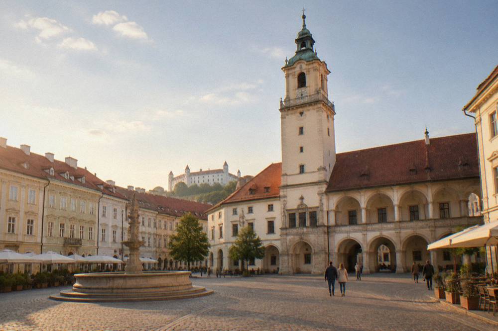 Courtyard of the Old Town Hall in Bratislava with its tower above the arcades