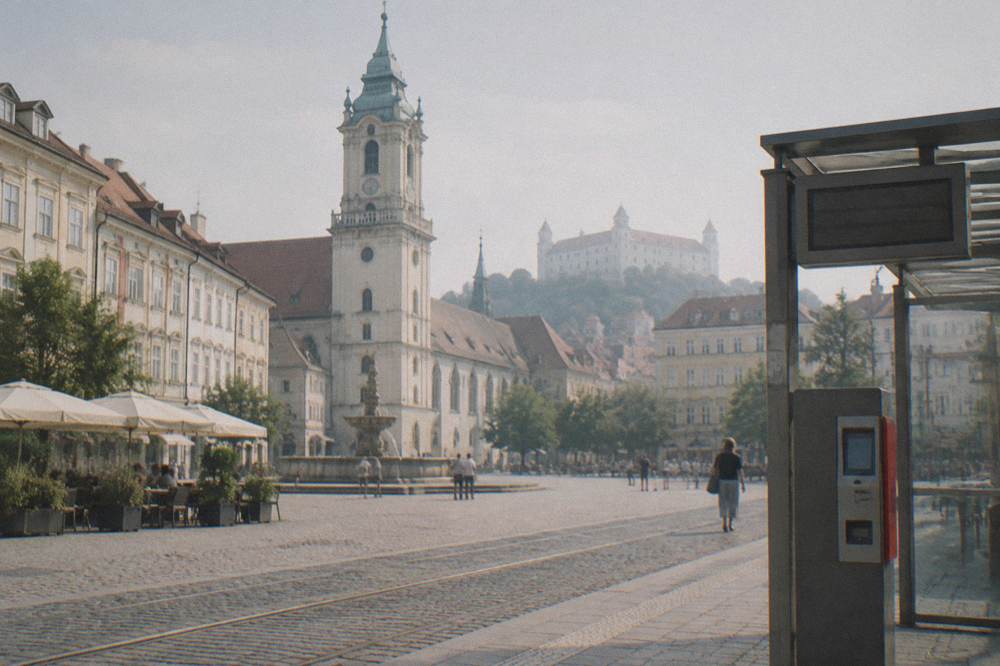 Ticket machine and stop display at a tram stop in central Bratislava
