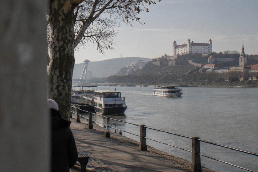 A boat approaching the wooded riverbank below a castle on a cliff above the Danube