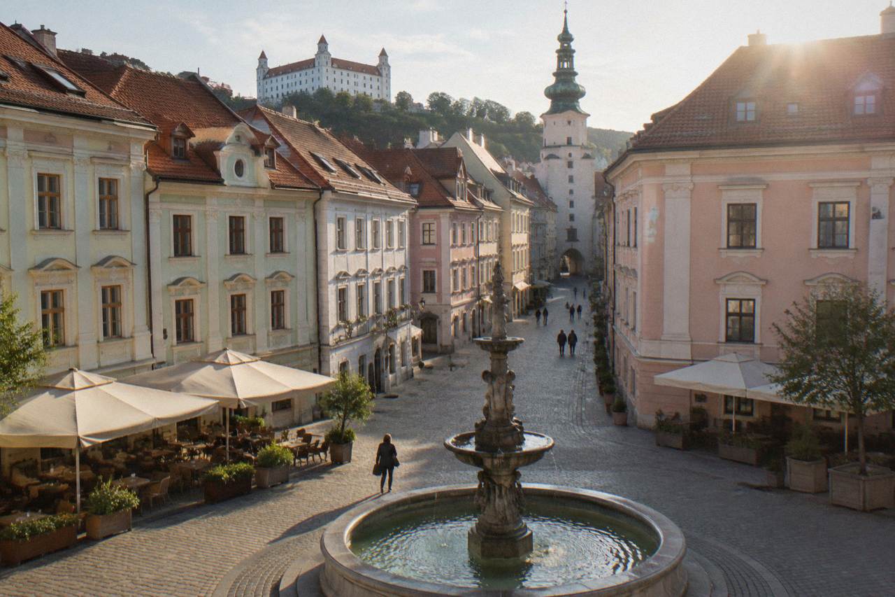 Fountain and pastel buildings on a Bratislava Old Town square in daylight