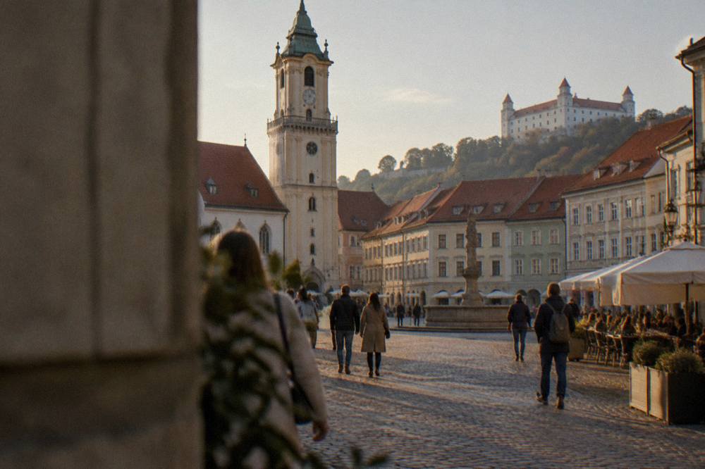 People walking along a cobbled street in central Bratislava in the early evening