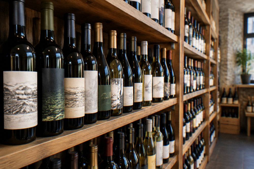 Rows of wine bottles on shelves in a small Slovak wine shop