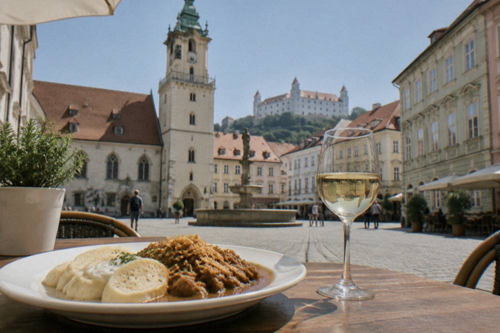 A plate of traditional Slovak food and a glass of local wine on a wooden table