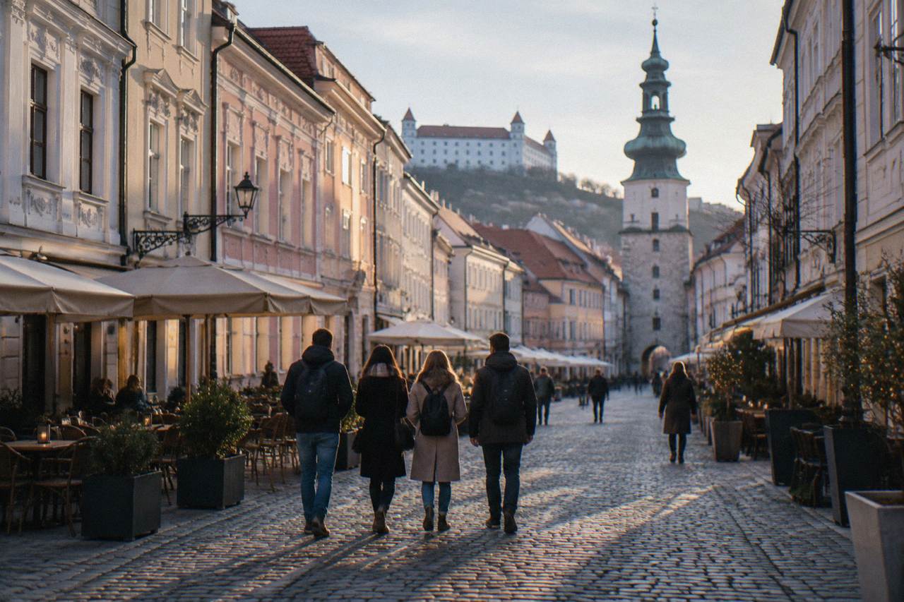 A group of friends walking together through a lit European old town square in the evening