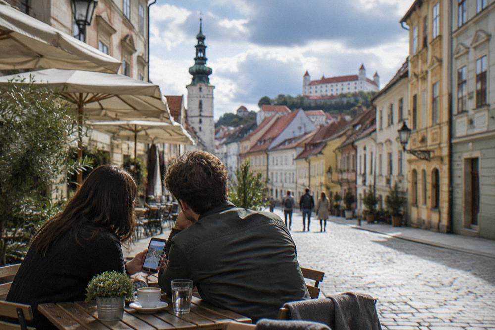 Two people looking at a phone while planning a trip at a cafe table
