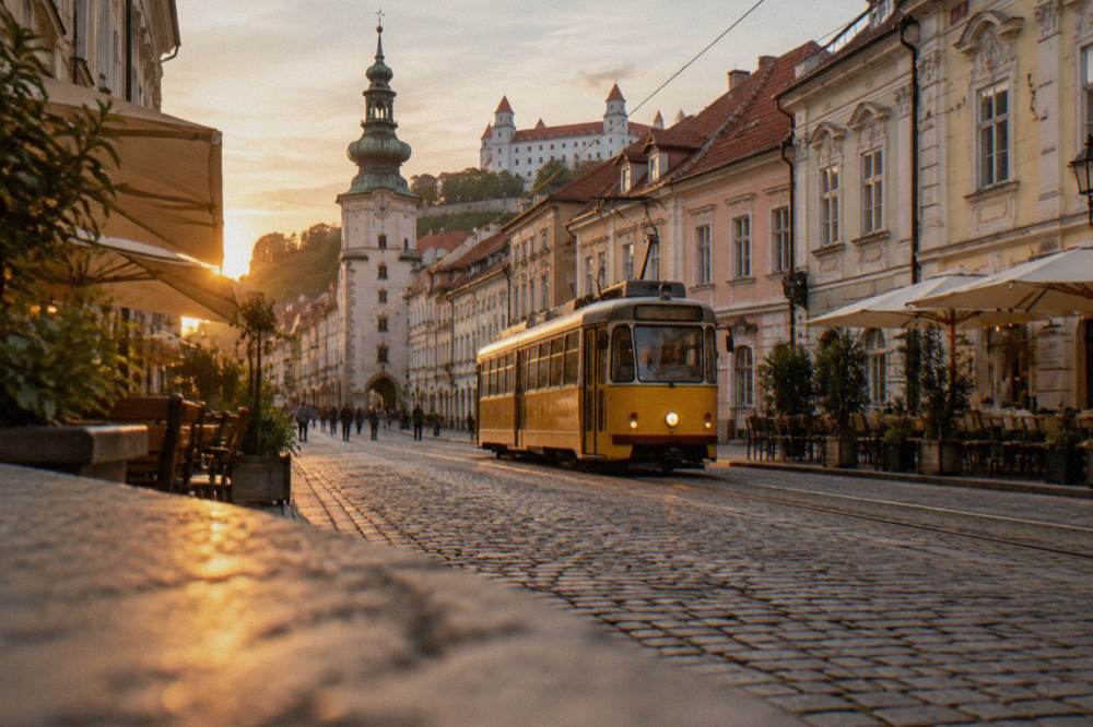 A yellow tram moving along a city street in the early evening