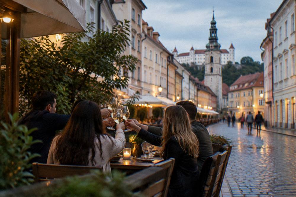 A group raising glasses together around a restaurant table at night