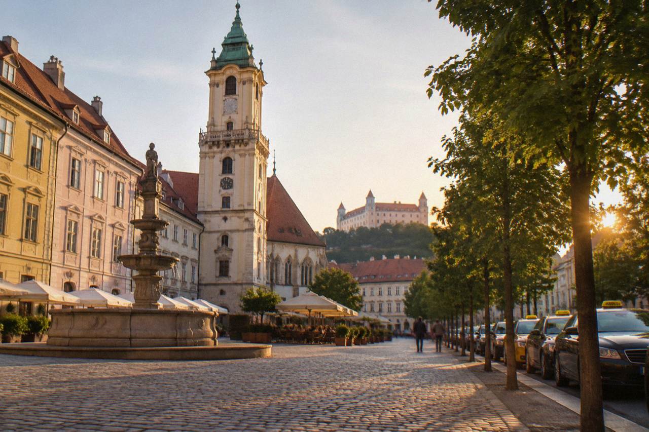 A taxi rank beside a tree-lined street in central Bratislava