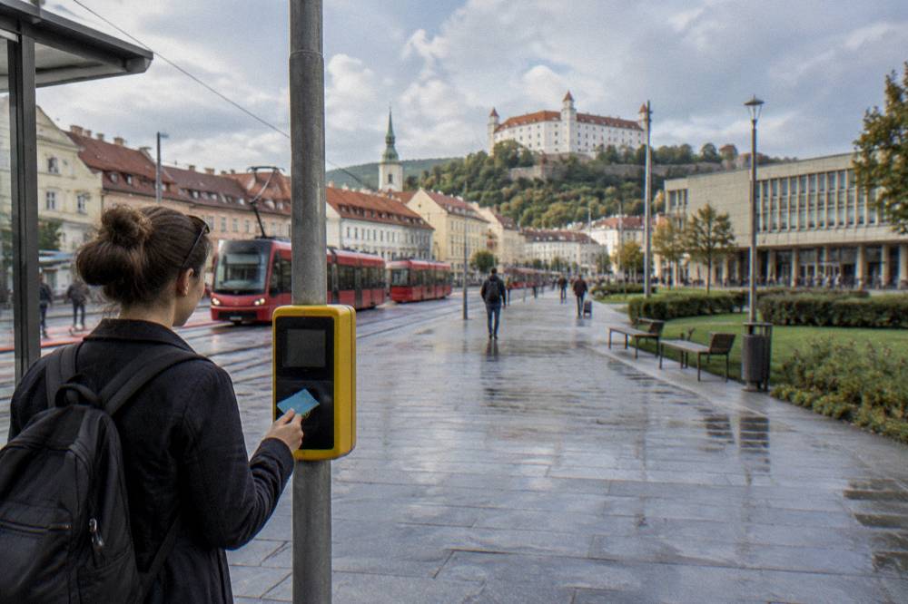 A visitor holding a city transport card beside a ticket validator