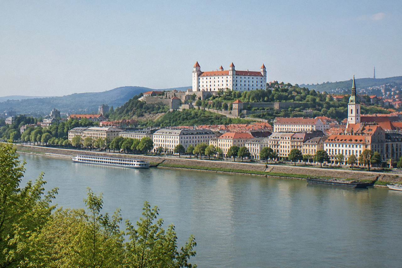 A view over the Danube river and Bratislava Castle on the hill above the city