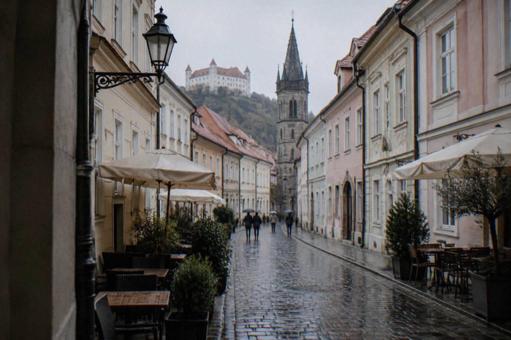 A quiet street of pastel townhouses in Bratislava's Old Town