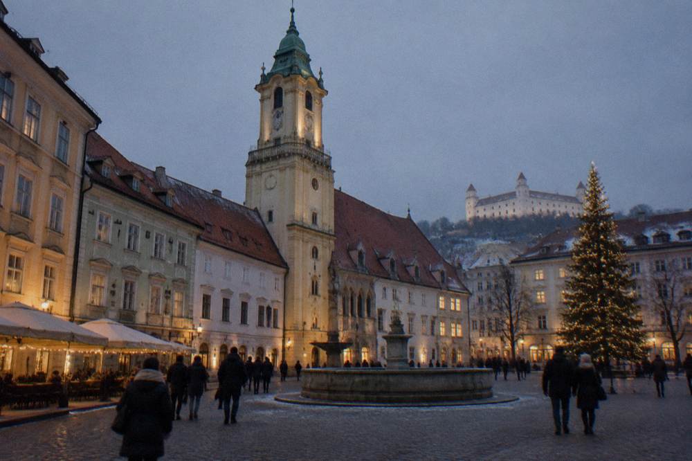 Floodlit shopfronts and a Christmas tree on a Bratislava square at dusk