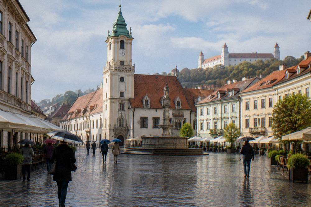 People with umbrellas walking along a wet cobblestone street in Bratislava