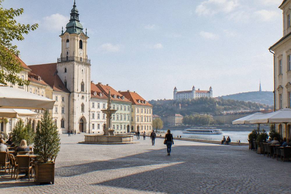 A river boat cruising on the Danube past Bratislava's waterfront