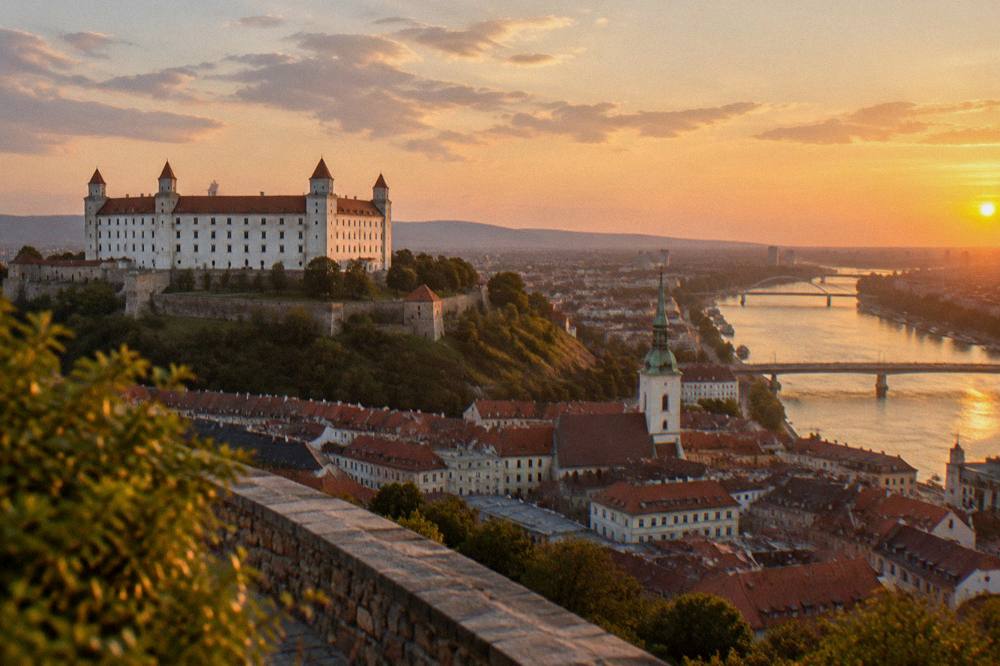 A view over Bratislava Castle and the Danube bridges at dusk