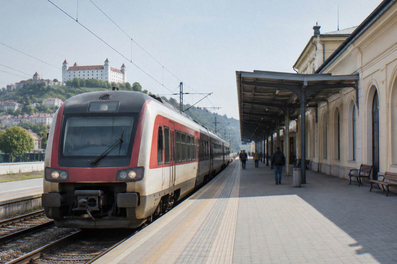 A regional train stopped at a railway platform beside a station building in Bratislava