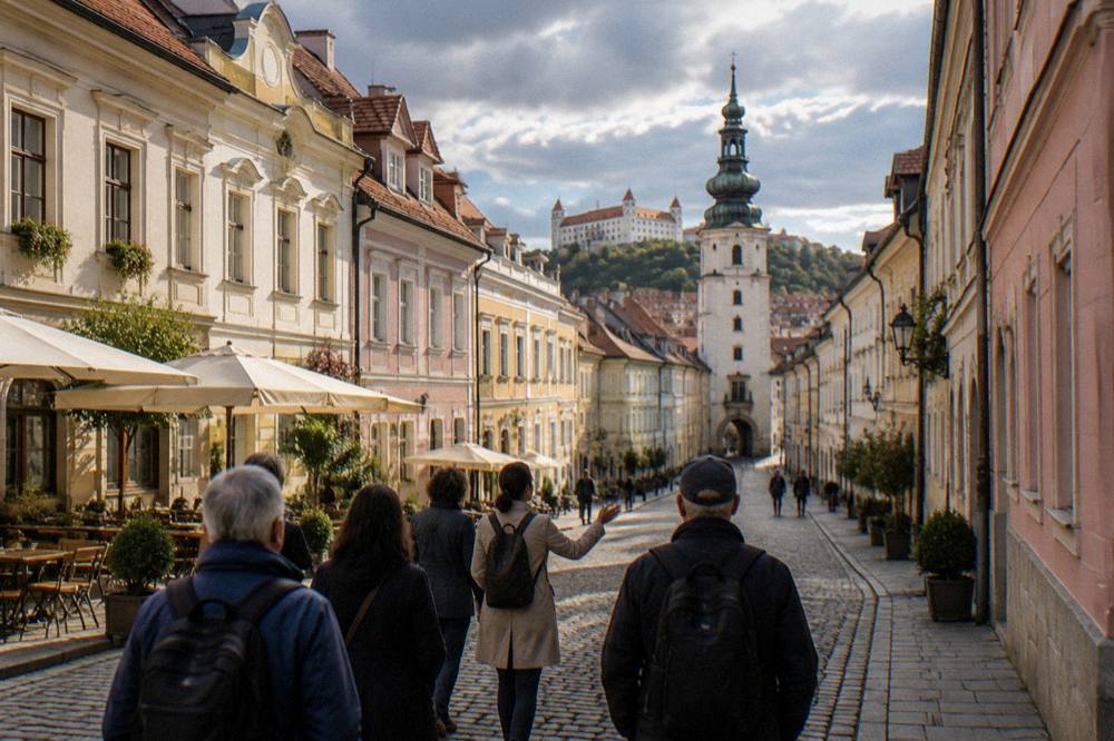 A guided tour group walking with a guide through a European old town square
