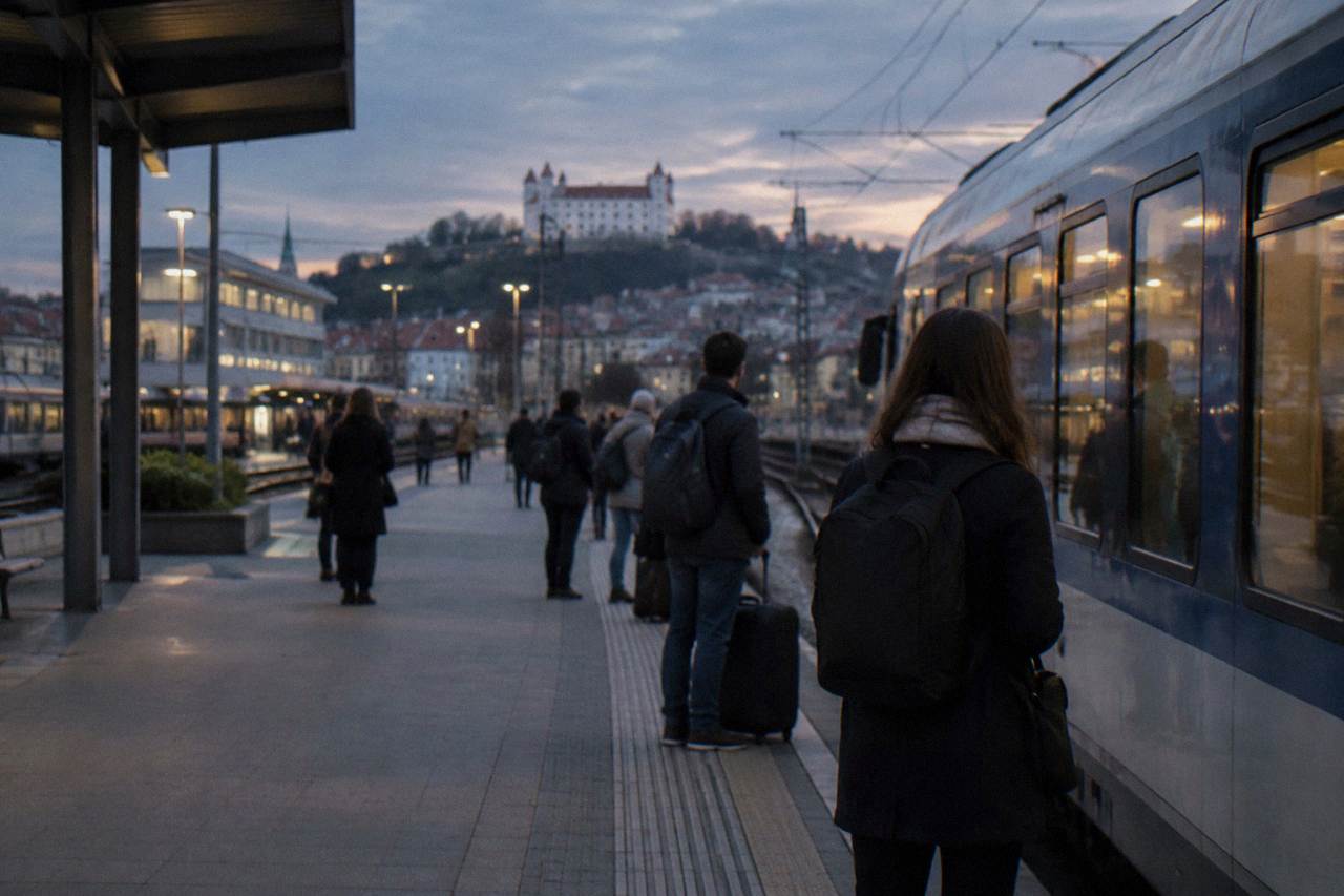 The platform area of a railway station with a train at the platform and passengers waiting with bags