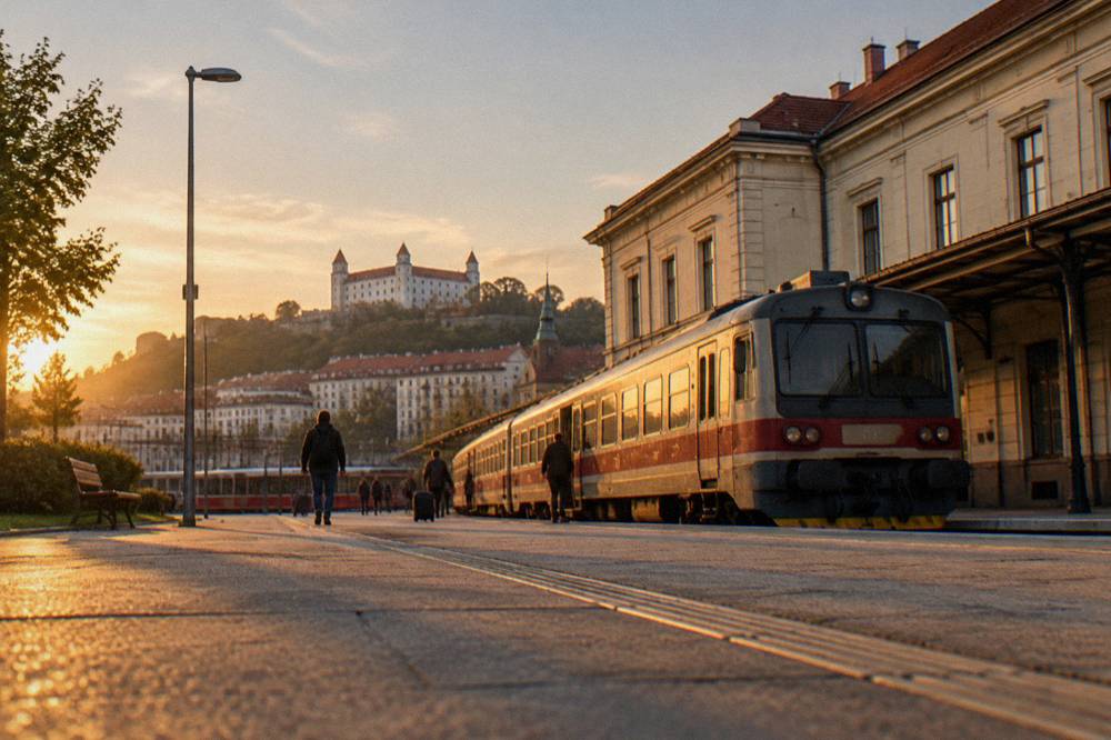 A regional train standing at a platform beside an older station building