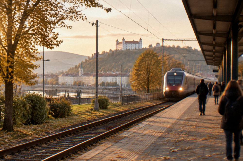 A railway platform in autumn with leaves on the ground and a train arriving