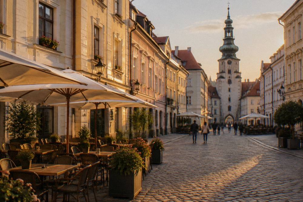 The pedestrian Main Square in Bratislava Old Town with historic facades and outdoor tables