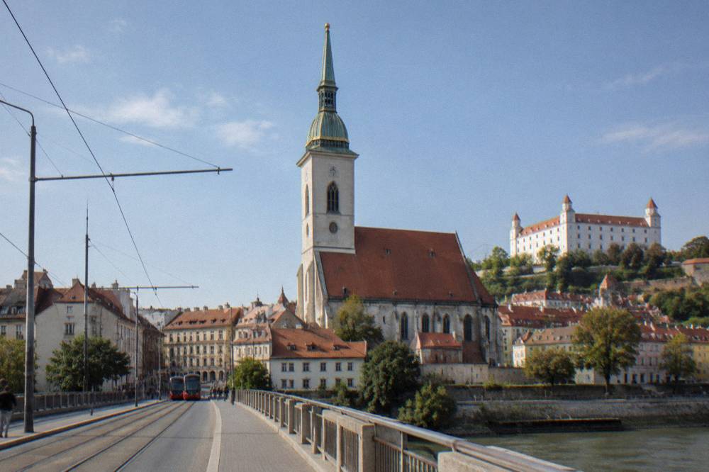 The towers of St Martin's Cathedral rising above the Bratislava Old Town roofline