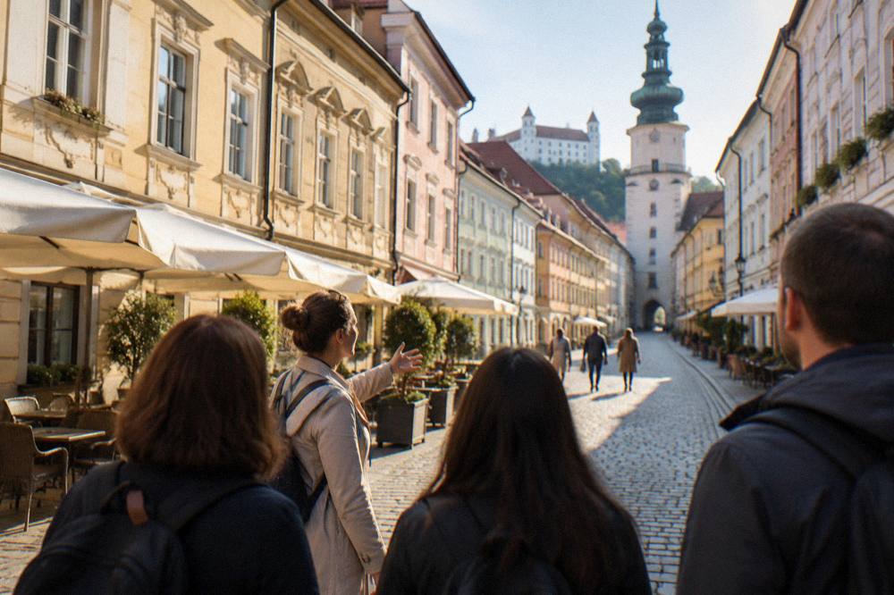 A local guide leading a small walking tour group through a Bratislava Old Town lane