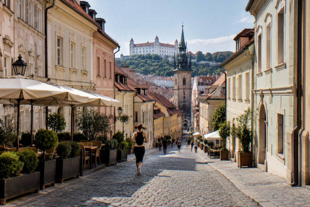 Rooftops of the Bratislava Old Town with the castle on the hill in the background