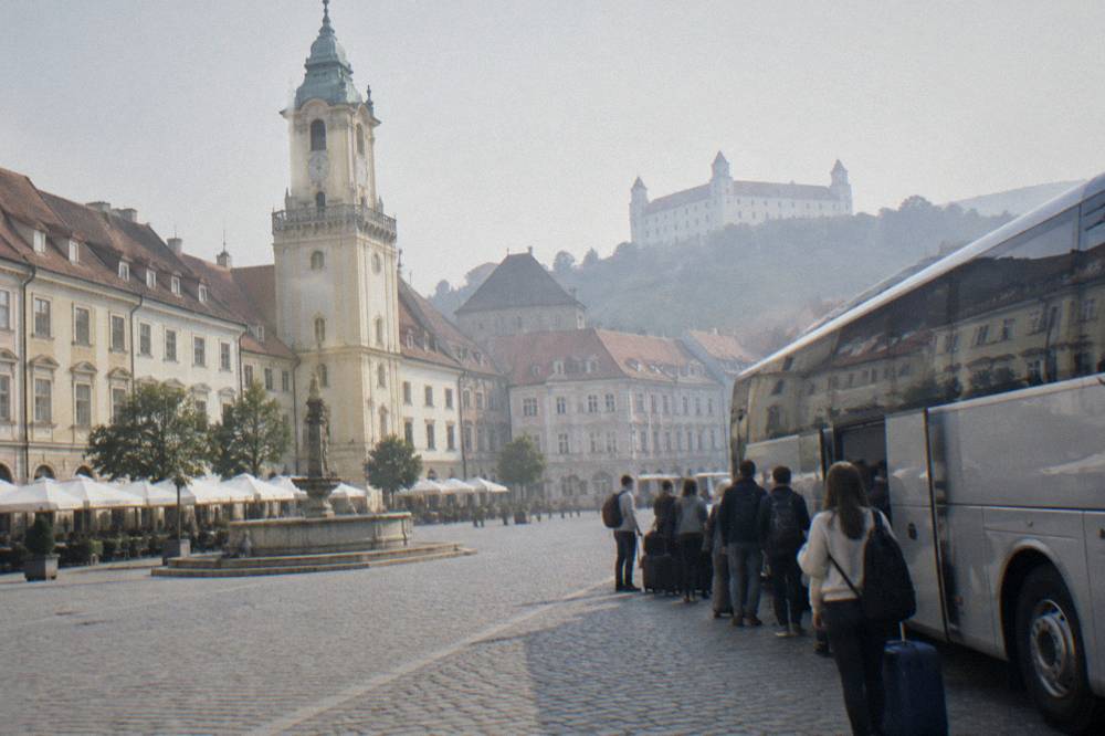 Passengers boarding a long-distance bus in central Bratislava
