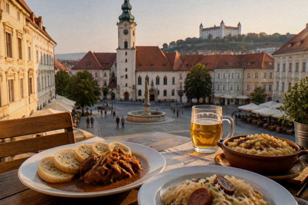 Plates of traditional Slovak food on a restaurant table