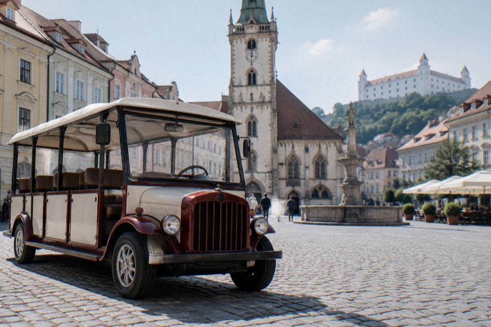 The Presporacik sightseeing vehicle parked on a cobblestone square in Bratislava