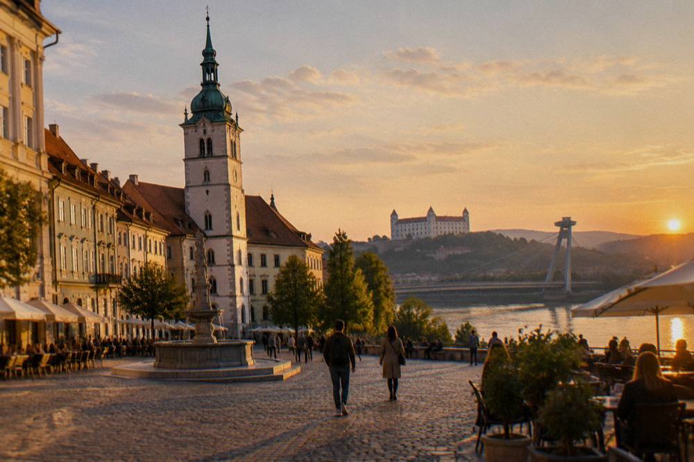 Evening light on the Danube with the chain bridge and castle silhouette of Bratislava