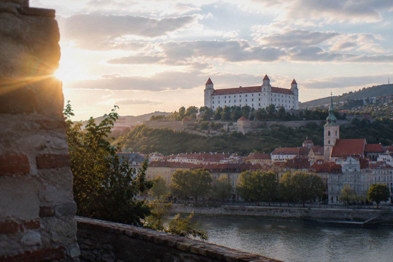 Bratislava Castle on its hill above the city under a mixed sky
