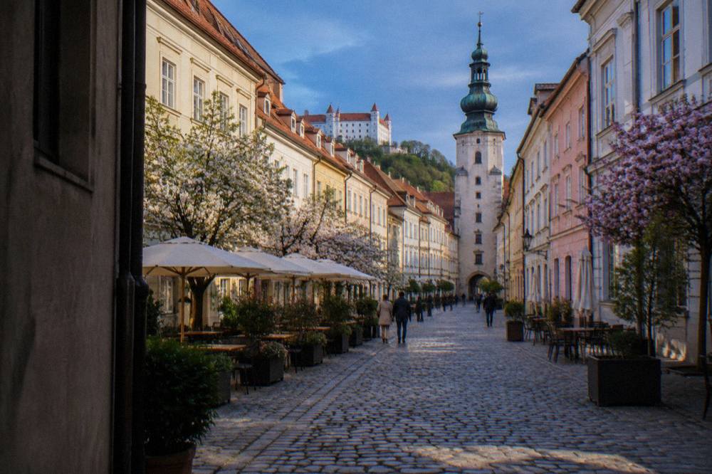Cobblestone street in the Bratislava Old Town in spring sunshine