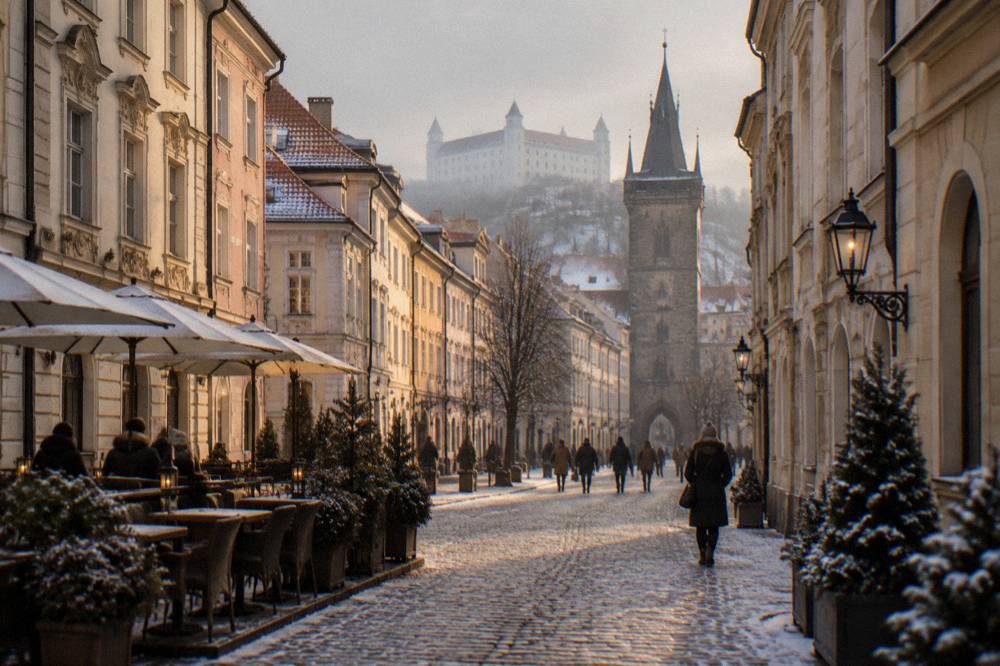 Old Town squares in Bratislava dusted with snow in winter