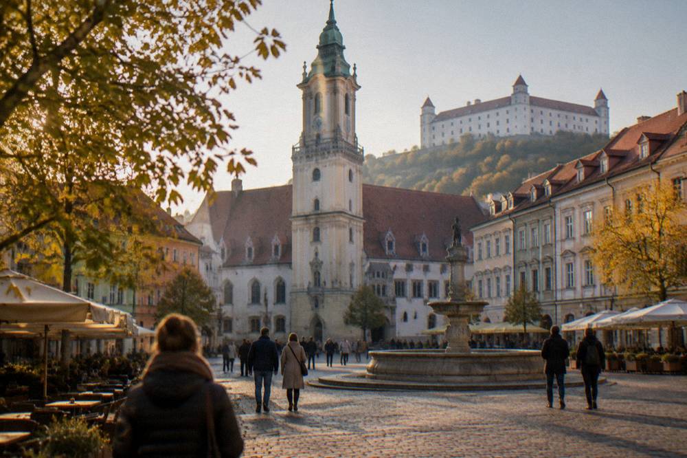Visitors in light jackets walking a Bratislava street in autumn
