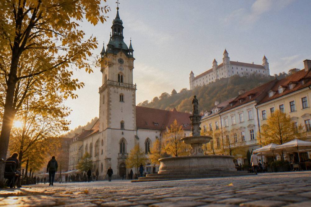 Autumn trees lining a Bratislava square with the castle visible behind rooftops