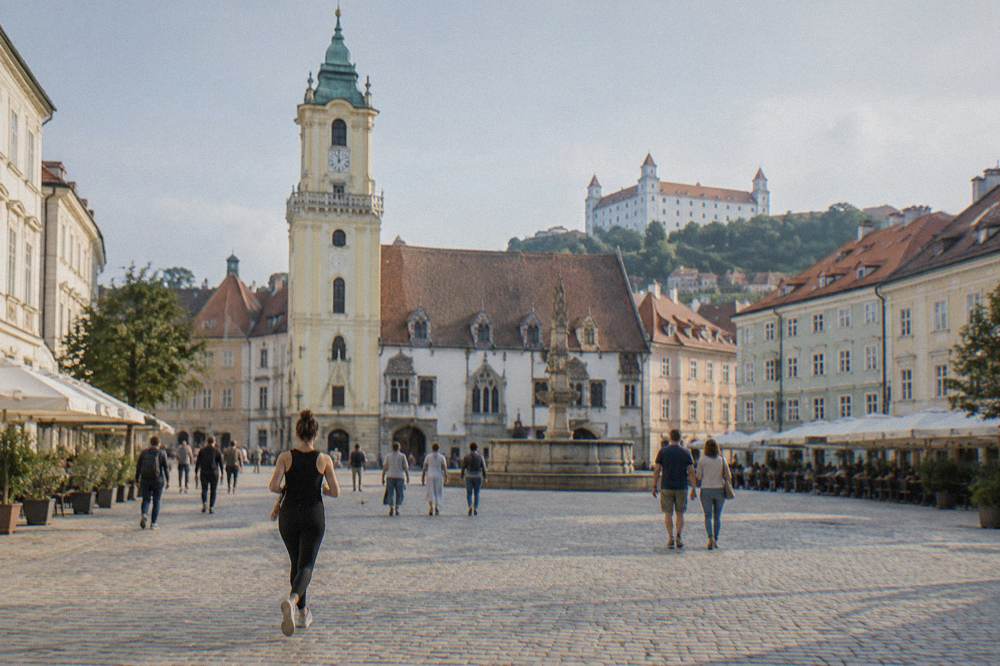 Visitors walking across the square in front of the Old Town Hall in Bratislava