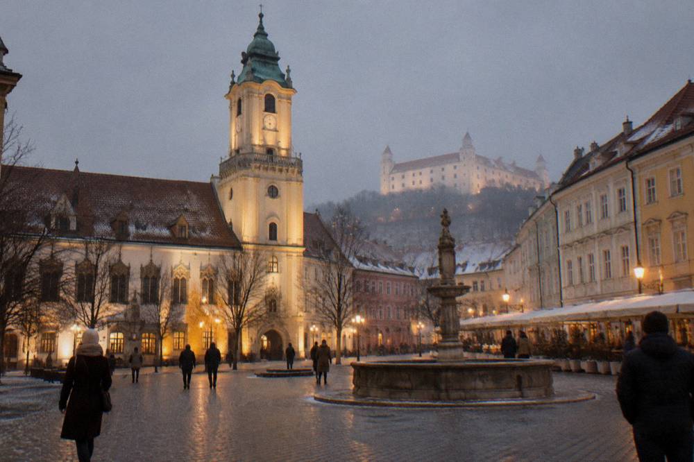 Floodlit historic buildings and a square in Bratislava on an evening in December