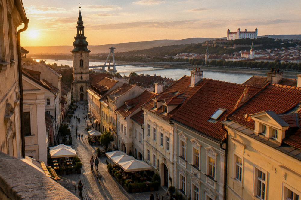 A bridge over the Danube with the old town rooftops of Bratislava beyond