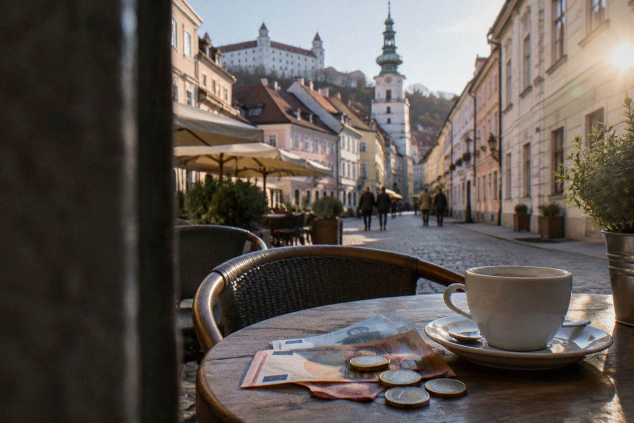 Euro banknotes and coins on a cafe table in a Bratislava old town square