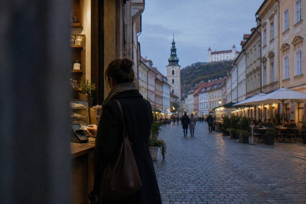 A shopper paying with a contactless card at an old town shop counter