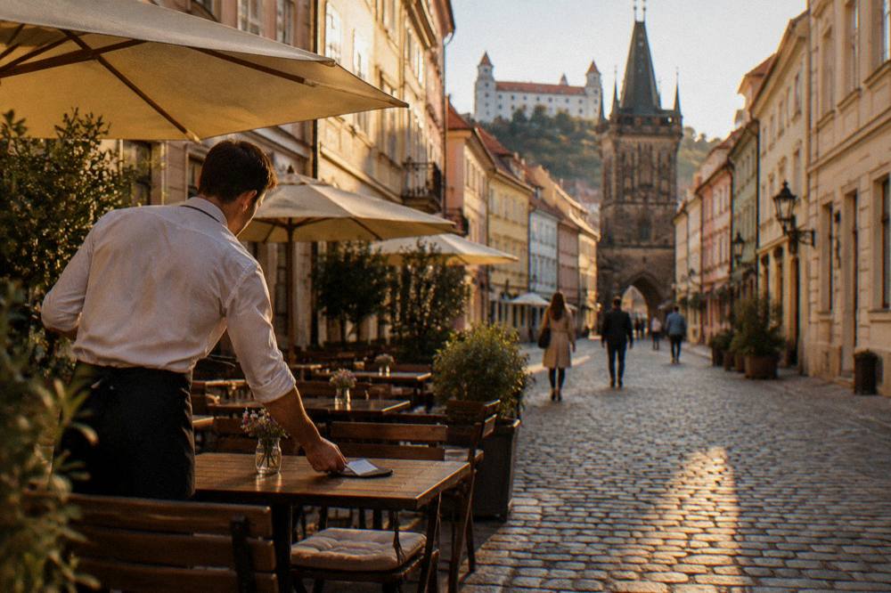 A waiter setting down a restaurant bill on an old town table