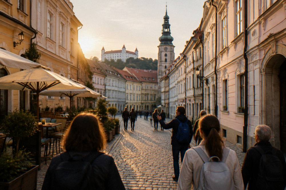 A guided walking group on a Bratislava old town street