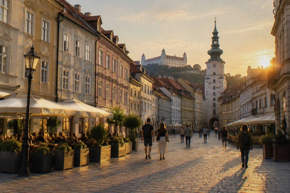 People crossing the main square in Bratislava's pedestrian old town