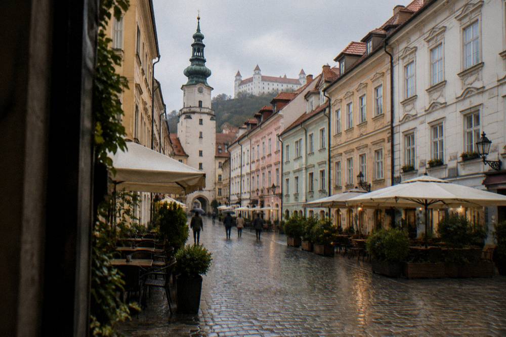 Colourful historic townhouses lining the main square in Bratislava's old town