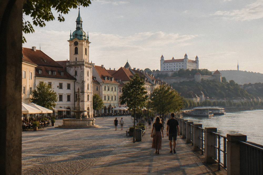 Walkers on a riverside promenade beside the Danube in Bratislava