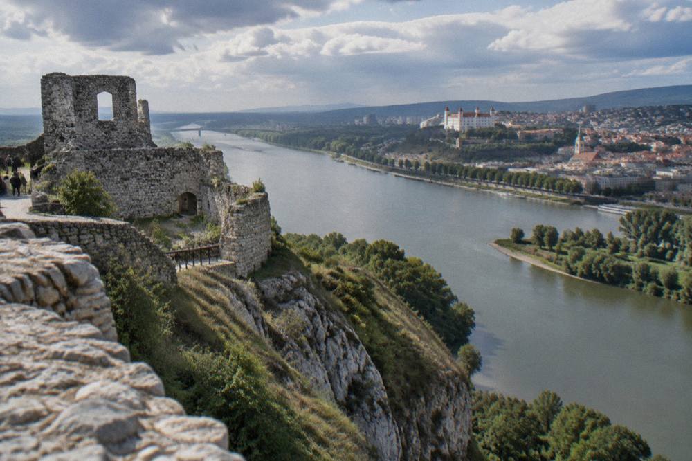 Clifftop ruins of Devin Castle above the rivers west of Bratislava